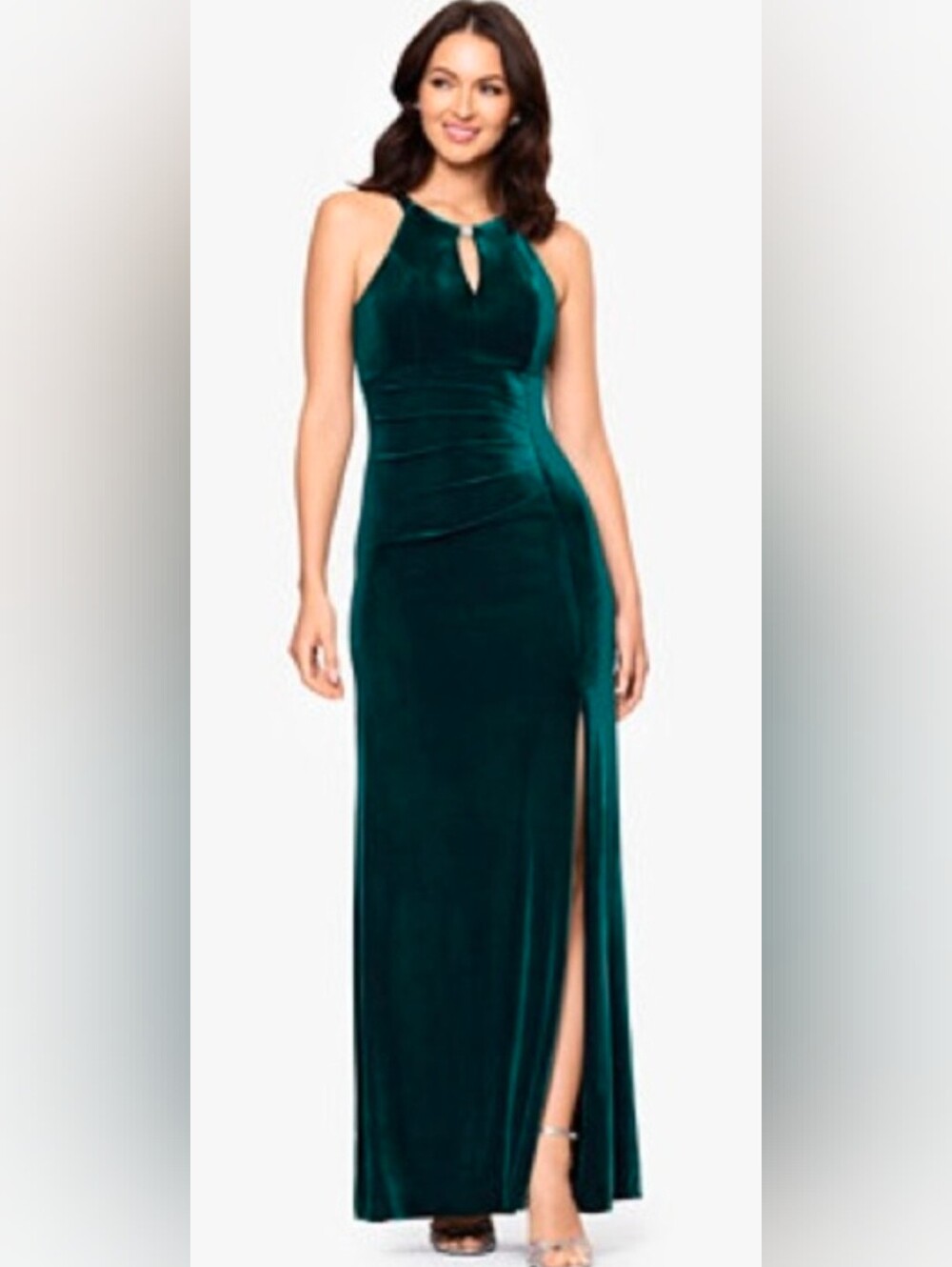 Betsy & Adam NWT Emerald Green Velvet Keyhole Halter Maxi Dress Size 16